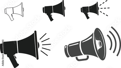 Collection of megaphone icons for announcement and communication, vector graphics, sound wave