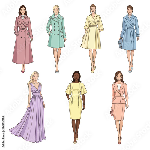 Fashionable Women's Outfits Collection: Dresses, Coats, and Suits in Pastel Colors