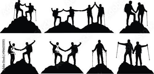 Silhouette mountain climber group icon set celebrating success on peaks, adventure and teamwork