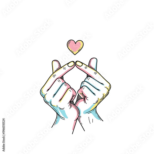 Hand gesture forming heart shape with pink heart symbol above, K-pop finger heart love sign