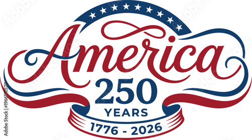 America 250 years logo with red, white, and blue colors and stars on isolated white background