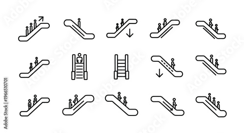 Line art illustration of various escalators stairs and people moving