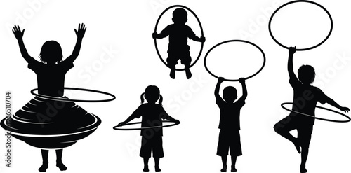 Children silhouettes playing with hula hoops and jump ropes: a dynamic black and white illustration of childhood activities with hula hoop with jump rope with outdoor activity with outdoor recreation