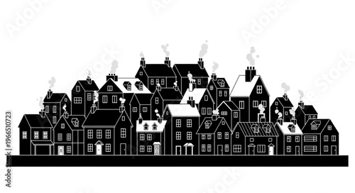 Black and White Silhouette of a Dense Townscape with Smoking Chimneys.
