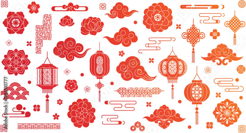 Traditional chinese new year decorations: red and orange lanterns, clouds, and floral motifs for festive celebrations, good luck, spring festival, holiday decoration, paper craft