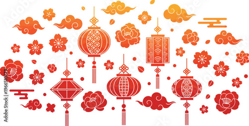 Chinese new year elements: festive red and orange lanterns, clouds, and flowers for cultural celebrations and designs, good luck, spring festival, paper craft