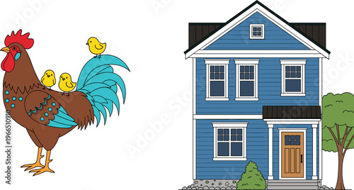 Farm Rooster and Residential House Vector Illustration with Chicken, Chicks and Suburban Home Exterior for Rural Life, Agriculture and Property Design