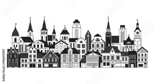 Black and White Silhouette of European City Skyline.