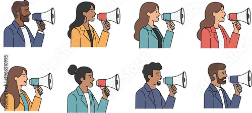 Diverse group of people speaking through megaphones vector illustration: communication, announcement, and protest concept design, public speaking, spreading news, social media, flat illustration