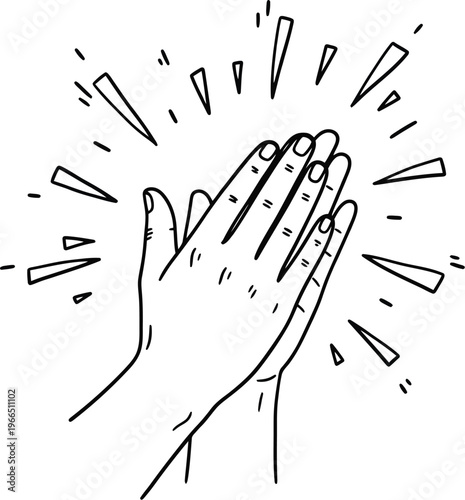 Single clapping hand outline icon with radiant burst with radiating lines with positive feedback with well done with hand drawn with doodle art with black white with white background with good job