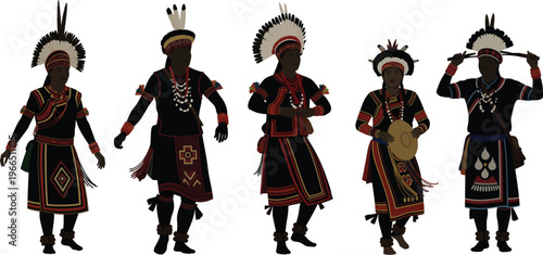 Group of five traditional indigenous dancers in elaborate cultural attire performing a ritual or celebration on a clean white background with traditional dance with cultural performance