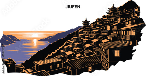 Traditional asian hillside village with ancient architecture overlooking a serene sunset reflecting on calm water, scenic travel destination, traditional buildings, pixel art, old town, traditional ho
