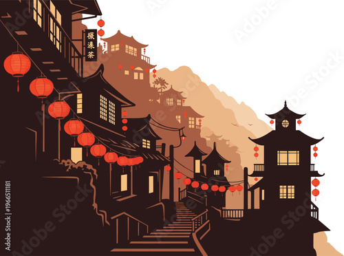 Traditional east asian mountain village at dusk with red lanterns and illuminated; stylized silhouette illustration on hillside with copy space