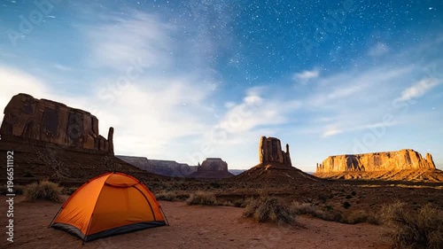 Desert night sky with Milky Way over sandstone mesas, orange glow, a lone camping tent under stars!!