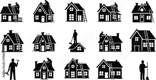 Black silhouette set of professional roofers and repairmen fixing house roofs with ladders and cleaning chimneys on white background isolated