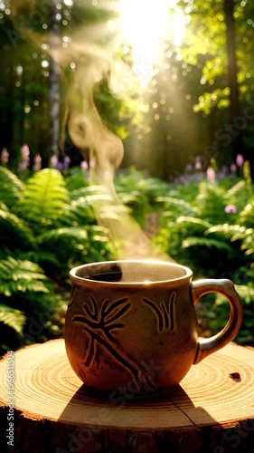 A steaming mug of hot beverage rests on a wooden surface in a sun-dappled forest clearing with lush green foliage and delicate purple flowers