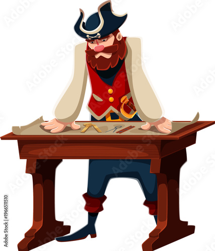 Brave pirate captain cartoon character. Bearded corsair in tricorn hat and red vest, leaning over a treasure map with a thoughtful expression. Cartoon vector sailor for game and adventure graphics