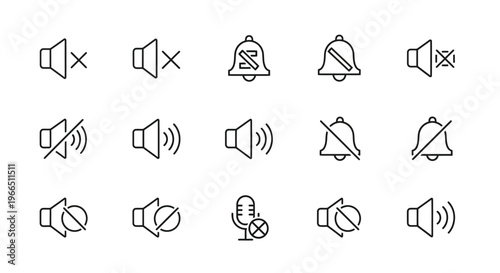 Various notification and sound control icons in a linear style
