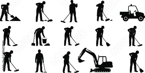 Black silhouette set of professional street cleaners and maintenance workers sweeping cleaning roads and performing manual labor tasks on isolated white background
