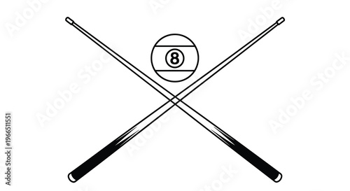 A black and white illustration depicting crossed pool cues and an eight ball