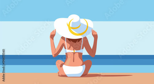 A Vector Illustration of a Woman in a Bikini and Sun Hat Sitting on the Beach by the Ocean on a Sunny Day