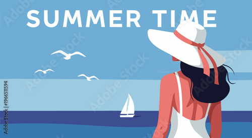 Chic Summer Time Vector Illustration of a Woman in a Hat Enjoying the Ocean View with a Sailboat and Birds