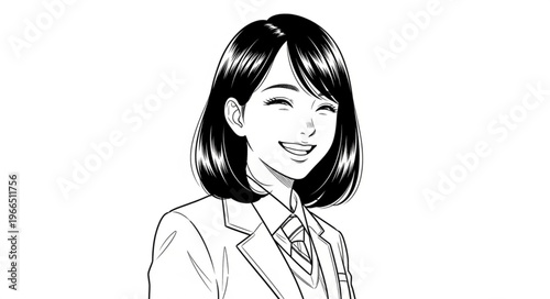 Black and White Sketch of a Smiling Young Woman in School Uniform.
