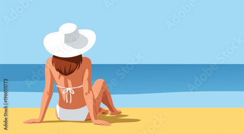 Vector illustration of a woman in a white hat and bikini sitting on the beach looking out at the ocean