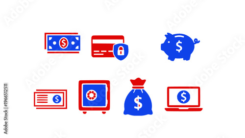 Icons representing money, savings, and banking concepts.