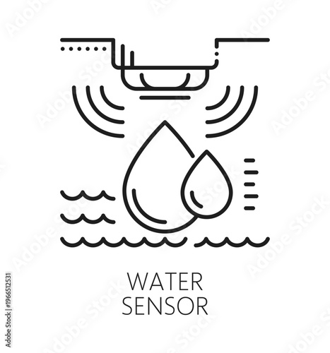 Water or moisture detector safety sensor line icon. Safety innovation linear symbol, water or moisture detection alarm thin line vector icon. Home security sensor outline sign or pictogram