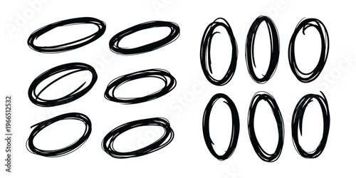 Hand drawn oval frames collection a set of eight rough sketchy black oval shapes on a white background
