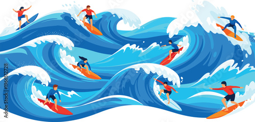 Surfing Vector Illustration with People Riding Ocean Waves on Surfboards for Summer Sports, Beach Adventure, Water Activity and Dynamic Lifestyle Design