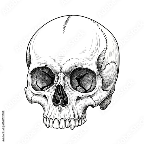 Line Drawing Human Skull Frontal View Isolated on White Background