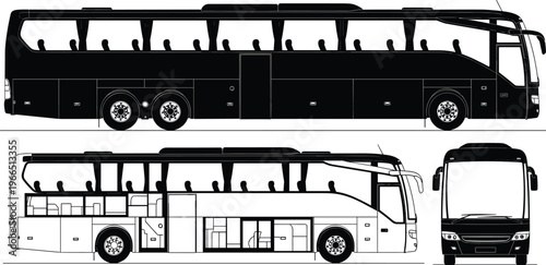 Technical vector illustration of a modern luxury tour bus featuring side silhouette and detailed line art blueprint views isolated on white background.
