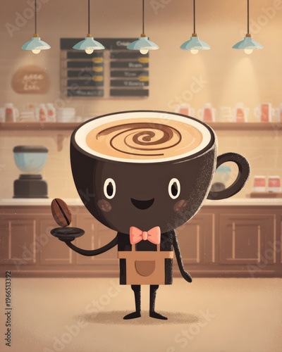 Cute coffee cup character smiling cafe