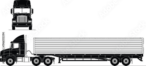 Technical vector illustration of a heavy duty semi truck with refrigerated trailer in front and side view isolated on white background.