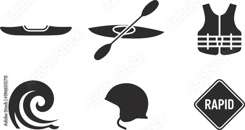 Professional Outdoor Adventure Gear Illustration – Flat Style Kayak, Paddle, and Life Jacket Icons