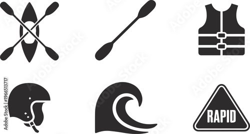 Minimalist Kayaking and Water Sports Icon Set – Black Silhouette Rafting Equipment Vector
