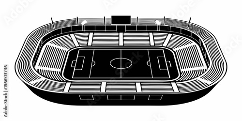 Aerial view of a large empty football stadium in black and white