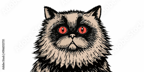 A striking illustration of a fluffy dark grey persian cat with red eyes