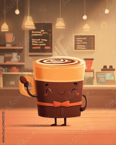 Coffee cup mascot with cafe background