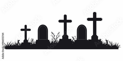 Silhouette of gravestones and crosses in a graveyard scene