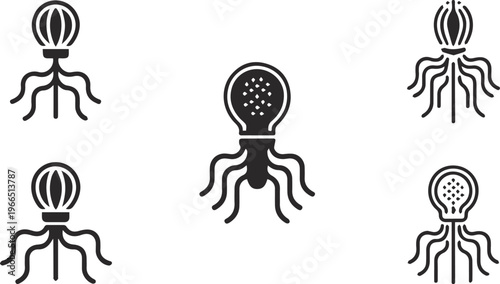 Minimalist Bacteriophage and Virus Structure Icon Set – Black Silhouette Microbiology and Genetic Engineering Vector Illustration