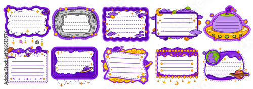 Galaxy space kids memo note frames. Outer space theme with whimsical galaxy, shooting stars, spaceships and celestial. UFO frame, moon and planets border, galactic clouds filled with stars and comets