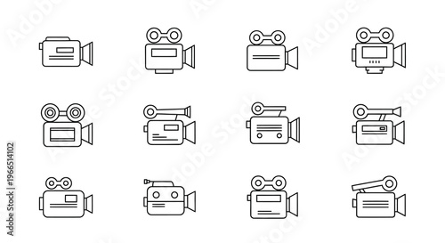 Collection of vintage and modern camera line icons on a white background