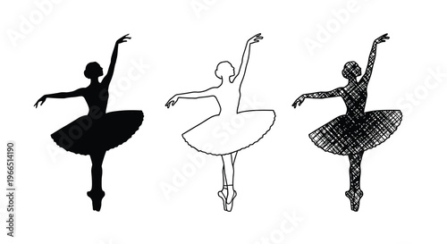 Three ballerina figures in varying styles silhouette outline and scribble