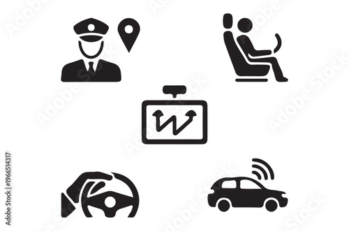 Black and white icons depicting ride sharing and transportation services