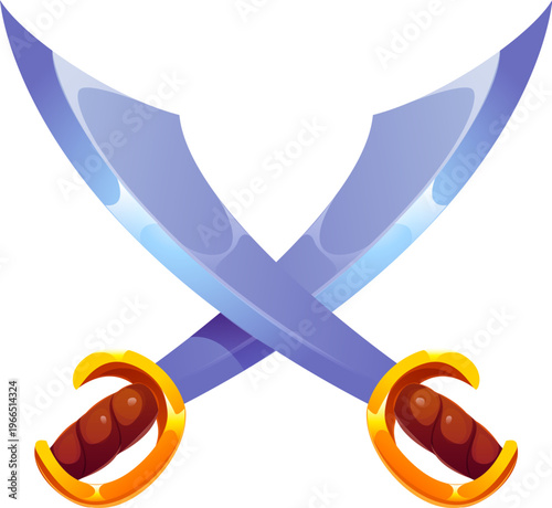 Pirate saber swords of Caribbean corsairs blades weapon, cartoon vector game icon. Piracy cold arms of crossed cutlass sabers or broadsword dirks for pirate game asset and corsairs maritime daggers