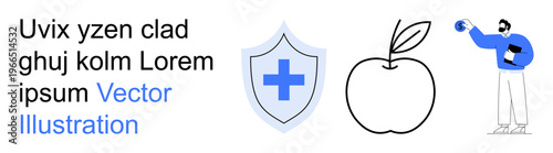 Healthy lifestyle, healthcare, wellness, medical safety, nutrition, pharmaceutical services. A shield with a medical cross, an apple and a person holding medicine. Healthcare and wellness concepts