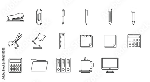Line art illustration of various common office supplies and equipment